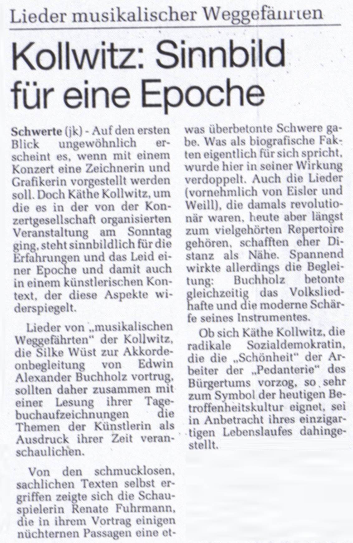 presseartikel - kollwitz sinnbild für eine epoche