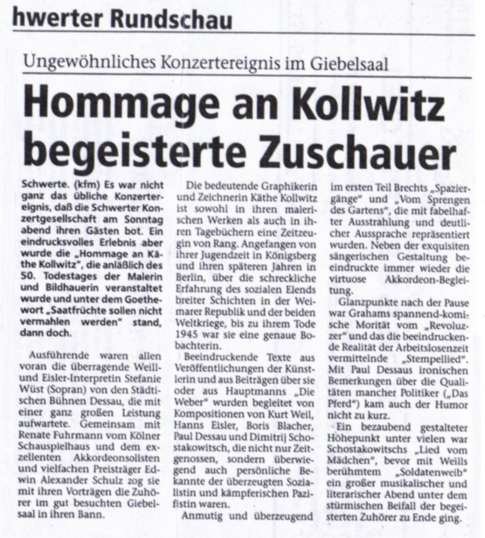 presseartikel - hommage an käthe kollwitz begeistert die zuschauer